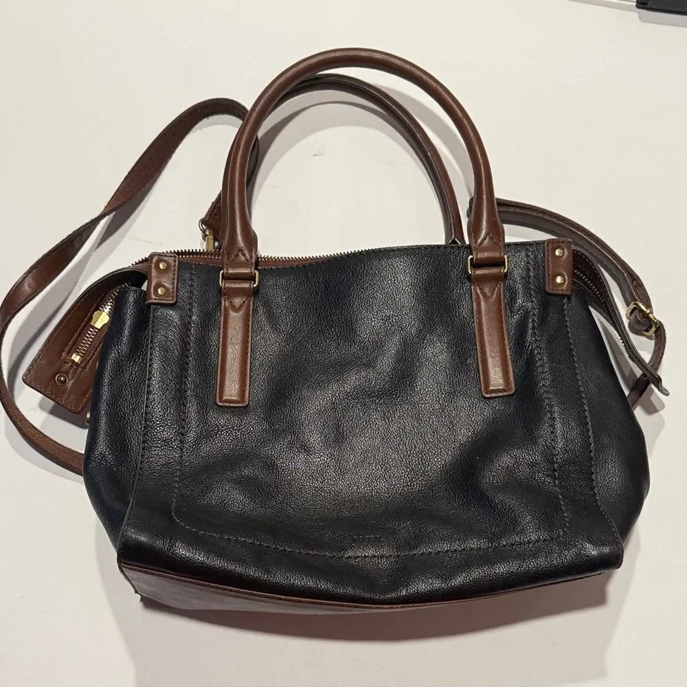 Fossil Black and Brown Leather Satchel